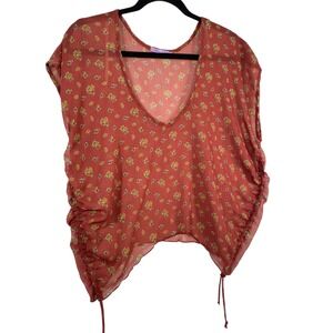 Rhea & Co Floral Print Sheer Top Ruched Drawstring Sleeveless‎ Blouse Size M